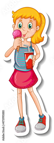 Sticker template with a girl eating ice-cream cartoon character isolated