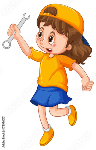A girl holding a wrench on white background