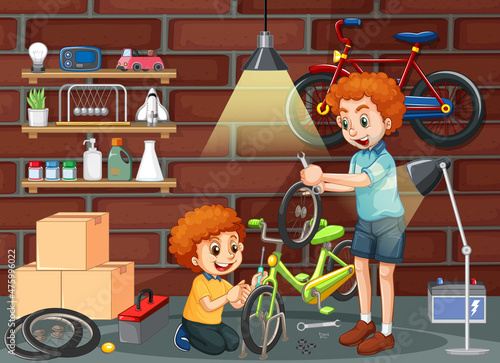 Dad and son fixing a bicycle together in the room scene