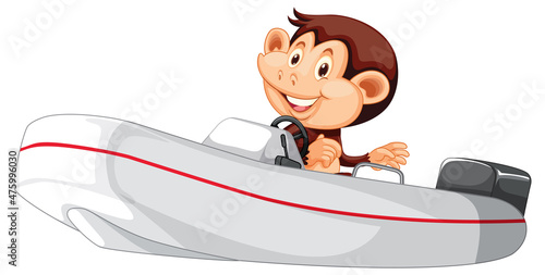 Cute monkey driving boat on white background