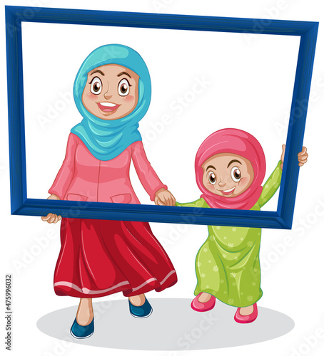 Happy mother and daughter holding photo frame