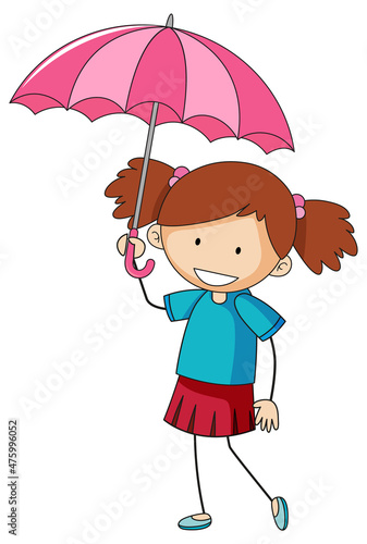 Cute girl holding umbrella doodle cartoon character isolated