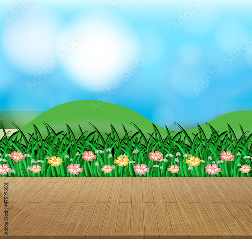 Nature background with flower field and green grass