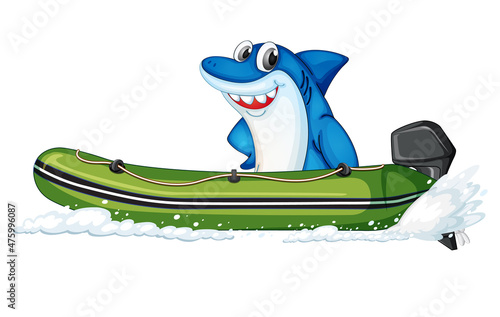 Happy shark on dinghy boat on white background