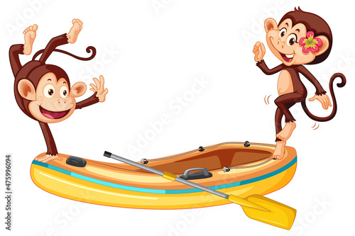 Funny little monkeys on inflatable boat