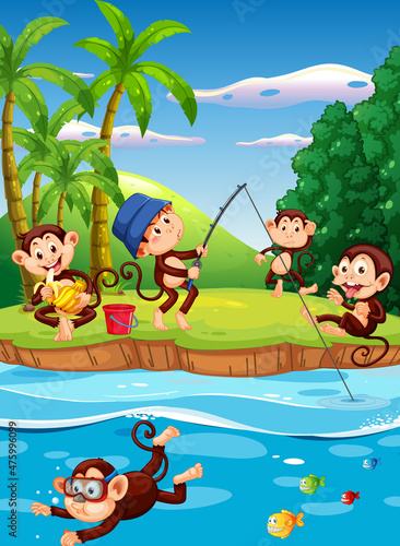 Forest river scene with monkey cartoon characters