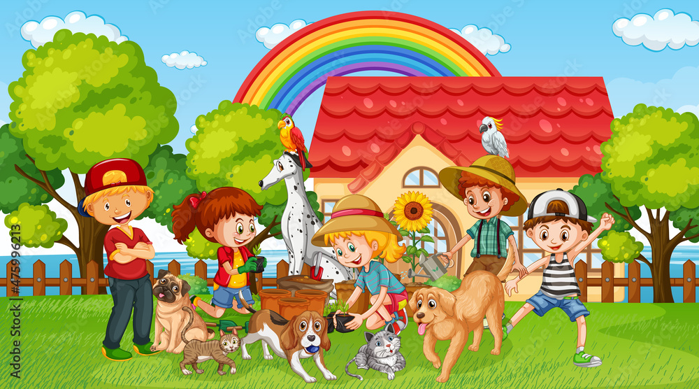 Naklejka premium Outdoor scene with kids playing with their animals
