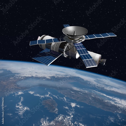 A modified version of Skylab - satellite laboratory for scientific experiments, orbiting over Italy - 3D Scene. Elements of this illustration furnished by NASA.