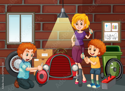 Garage scene with children fixing a car together