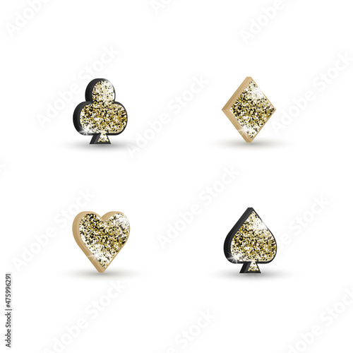 Set of 3d icons suits of playing cards with golden glitter isolated on white background. Vector symbols for casino, apps and websites or game design