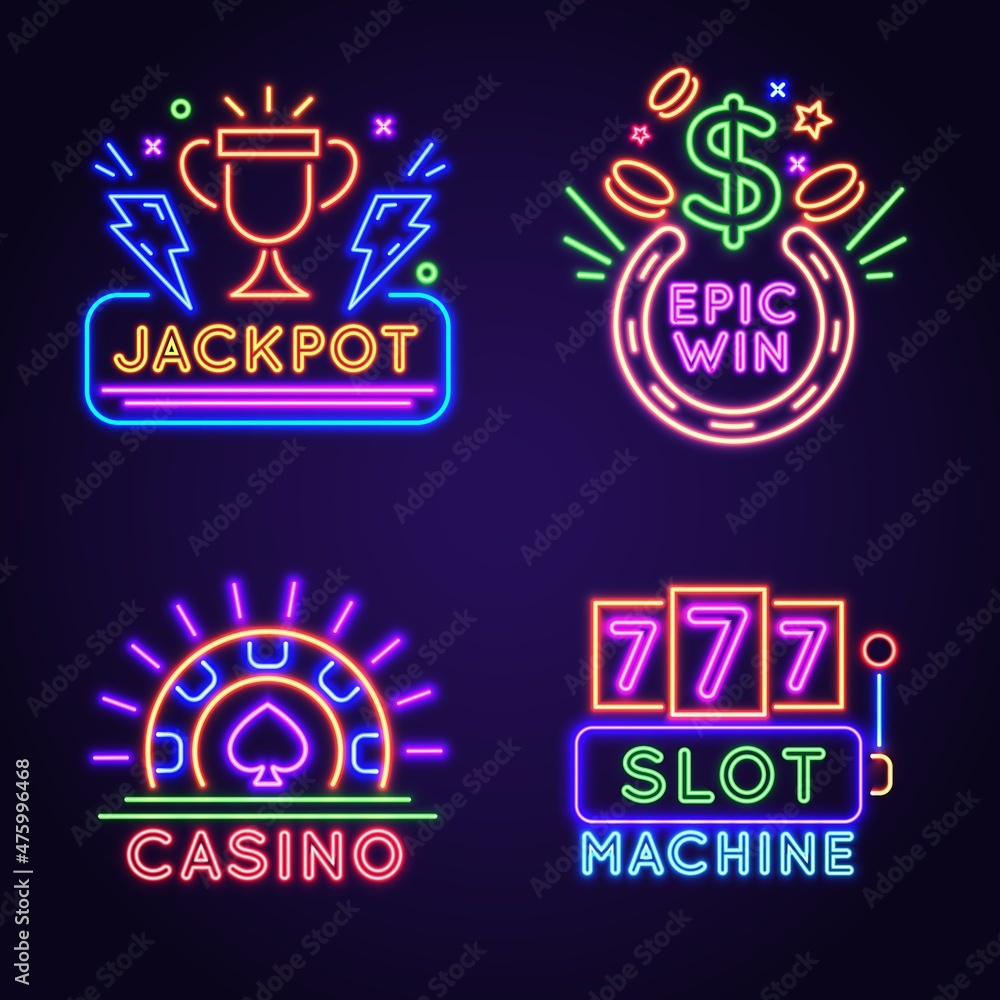 Casino vegas street wall neon game winning sign. 777 gambling slot machine. Glowing lucky jackpot banner with trophy. Casino icon vector set Casino vegas street wall neon game winning sign. 777 gambling slot machine. Glowing lucky jackpot banner with trophy. Casino icon vector set