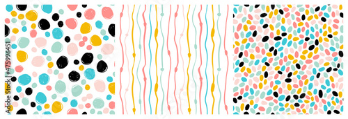Hand drawn brush stroke pattern set. Vector seamless pattern with geometric texture shapes. Abstract background of polka dot style in pastel colors. Decorative print with stripes, round shapes.