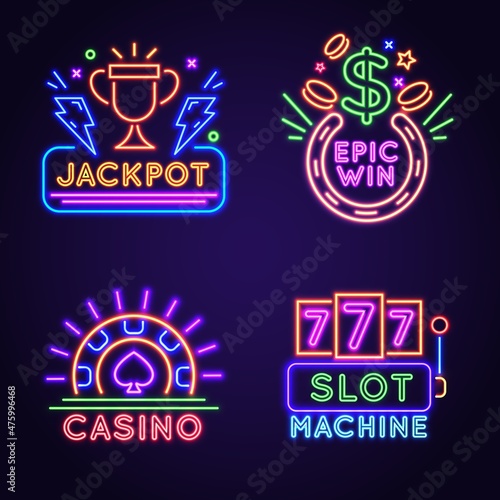 Casino vegas street wall neon game winning sign. 777 gambling slot machine. Glowing lucky jackpot banner with trophy. Casino icon vector set