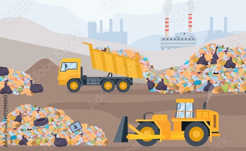 Landfill landscape with trash piles, bulldozer and garbage truck. Plastic pollution and waste recycling process. Garbage dump vector concept