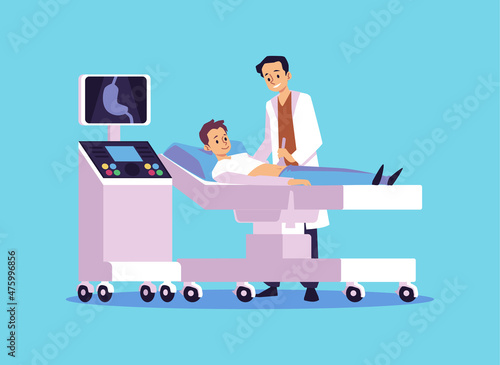 Ultrasound stomach scan of young male lying on hospital wheel bed. Doctor examines man patient's abdomen.