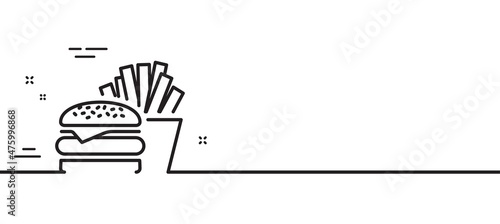 Burger with fries line icon. Fast food restaurant sign. Hamburger or cheeseburger symbol. Minimal line illustration background. Burger line icon pattern banner. White web template concept. Vector