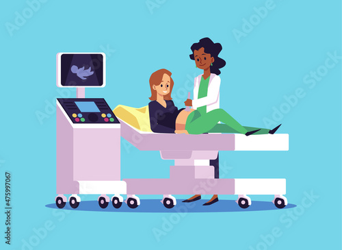 Gynecologist conducts ultrasound examination of pregnant young girl in flat