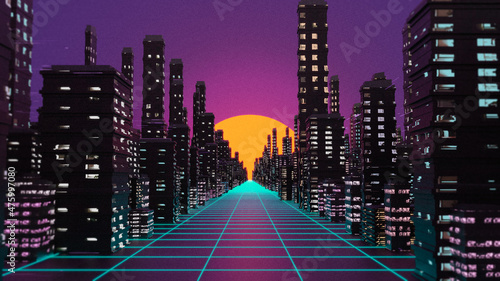 Vaporwave cyberpank city background. 3D illustration, 3D rendering.