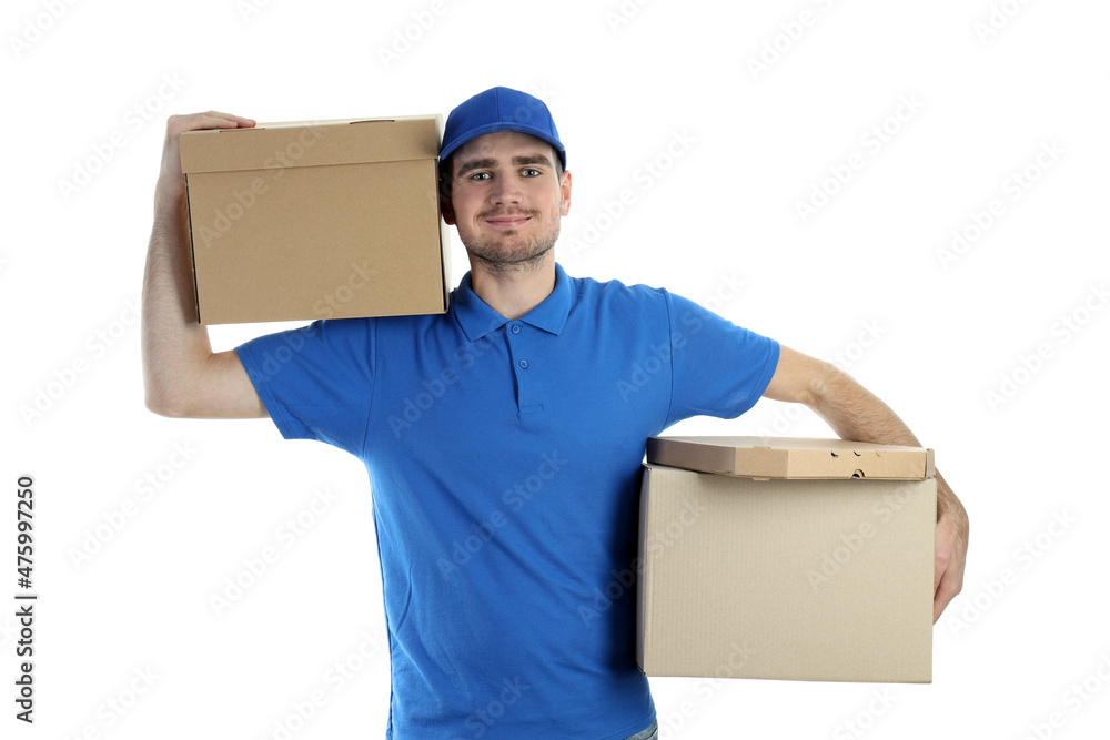 Delivery man holds boxes, isolated on white background Delivery man holds boxes, isolated on white background