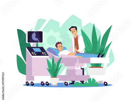 Gastroenterologist scans stomach of boy in flat vector illustration isolated