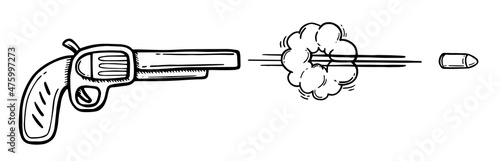 Shot from gun. Flying Bullet. Set Funny comic element. Cloud and smoke. Line and trace. Black and white Hand drawn shot. Cartoon illustration