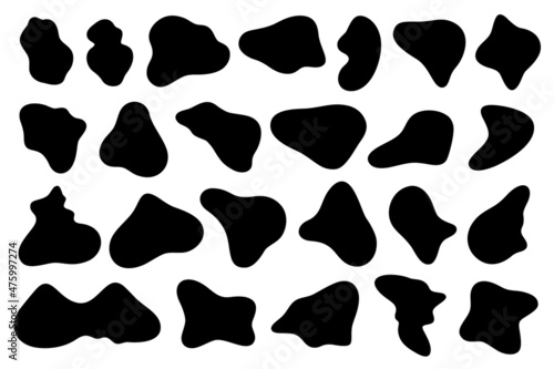 Abstract liquid black organic blob shape silhouettes. Simple ink splat, spot and stain. Pebble stone forms. Random fluid inkblots vector set