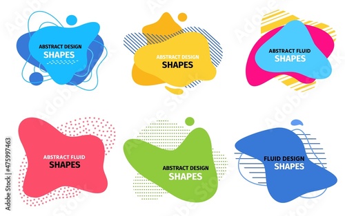 Abstract liquid blob shapes modern banners designs. Minimal dynamical flowing fluid form with pattern. Blot frame, label and logo vector set