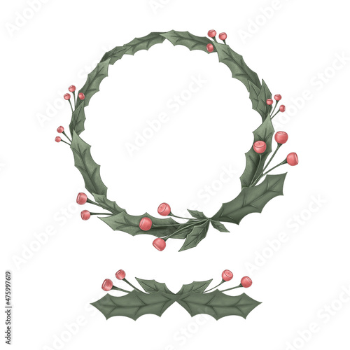 Holly wreath and Christmas decoration with red berries.
