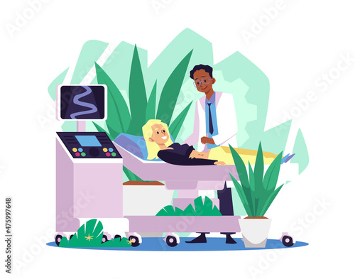 Ultrasound scan of fetus during pregnancy, flat vector illustration isolated.
