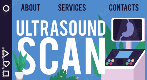 Ultrasound scan horizontal banner for advertisement on hospital website. Ultrasonic diagnostics for stomachache.