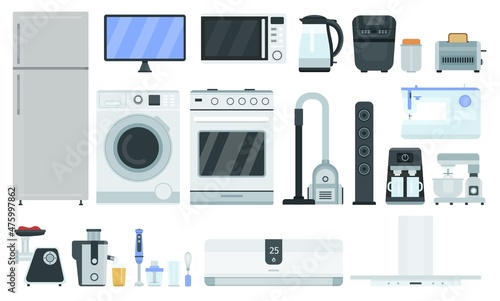 Flat kitchen electrics and appliances, home technology items. Refrigerator freezer, tv, oven, microwave, conditioner and washer vector set