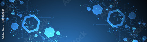 Modern neon science or technology abstract background using hexagonal shapes. Vector.