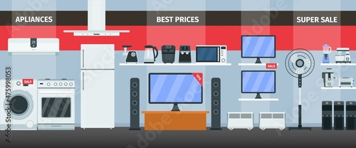 Home appliances and electronics product store interior with discount banner. Shop department with refrigerator and kitchen tech vector scene