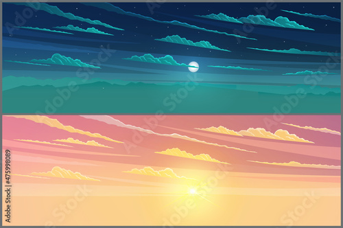 Day and night sky background sun shines with bright rays soft light effect, bright magic radiance. Yellow shine with glittering flares on pink evening clear sky. Sunlight in mountaine landscape
