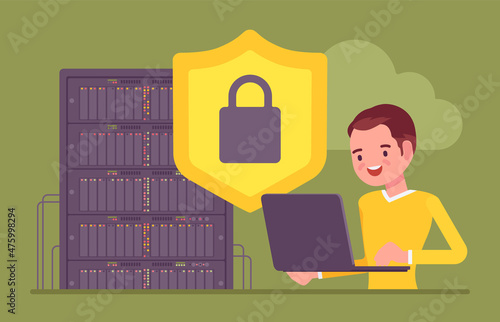 Data center server, cloud security, system administrator working with database. Male sysadmin, young admin busy to install, upgrade computer component, software. Vector flat style cartoon illustration