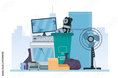 Pile of old broken appliances and electronics, e-waste dump. Destroyed devices in trash can. Electrical garbage recycle, flat vector concept photo