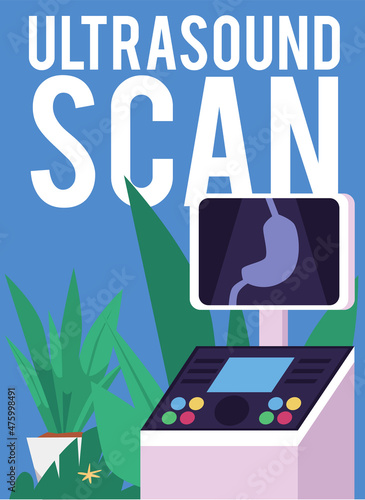 Ultrasound scan machine. Ultrasonic diagnostics of stomach or abdomen, flat vector illustration. Medicine sonography.