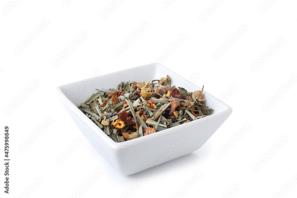 Bowl of floral tea isolated on white background