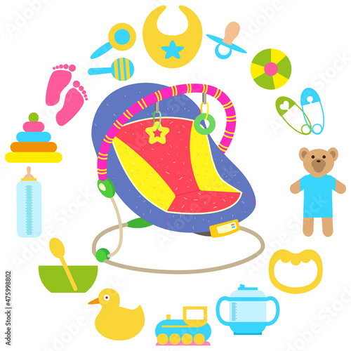 Automatic baby bouncer, child gadjet swing bed. Chaise lounge for baby relaxation surrounded by child care objects, newborn items supplies. Swing chair near toys and objects for plying with kid