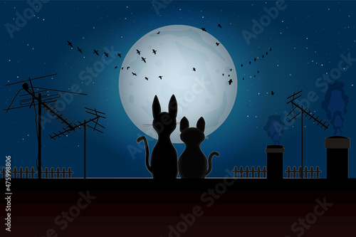 Couple cats sitting on roof and looking to moon.  Romance cats silhouette in night and full moon. Two loving kitty on house top on fullmoon background. Valentines day design. Stock vector illustration