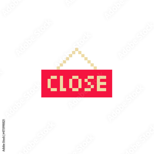 Close tags, door sign retail store, pixel art icon, isolated vector illustration. 8-bit. Design for stickers, logo, app.

