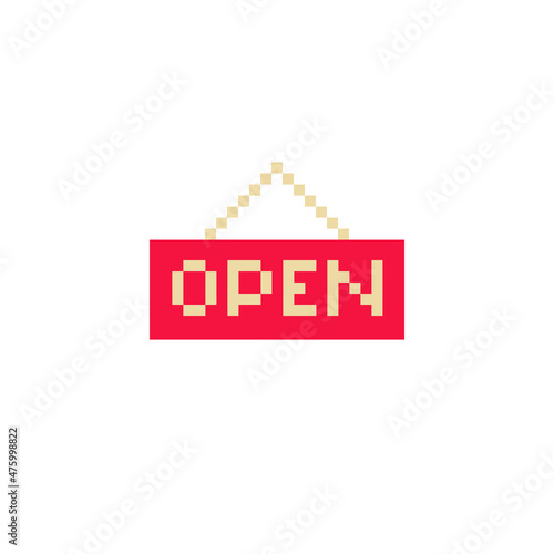 Open tags, door sign retail store, pixel art icon, isolated vector illustration. 8-bit. Design for stickers, logo, app.