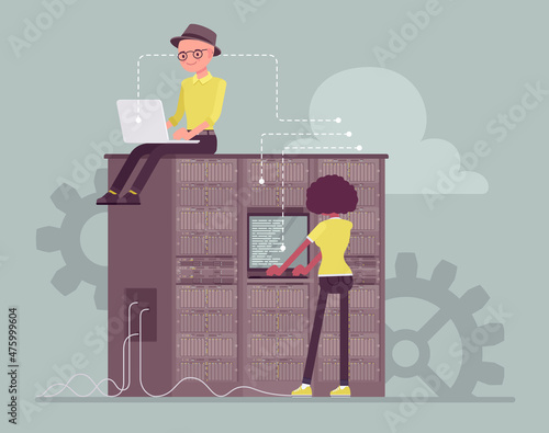 Data center server cloud support crew, system administrators working. Technical team installing, configuring hardware, software, professional computer operator. Vector flat style cartoon illustration