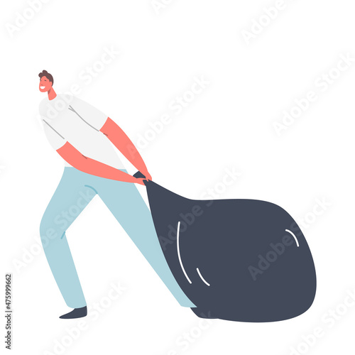 Male Character Pull Huge Black Sack Isolated on White Background. Man Carry Bag with Garbage, Businessman with Money