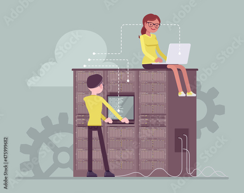 Data center server cloud support crew, system administrators working. Technical team installing, configuring hardware, software, professional computer operator. Vector flat style cartoon illustration