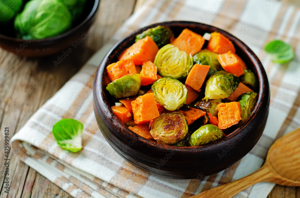 Roasted Sweet potato and Brussels Sprouts on a background