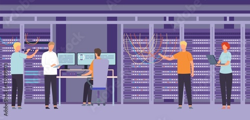 Flat data center room with system administrators, support and repair server worker. Database and web hosting storage technology vector scene