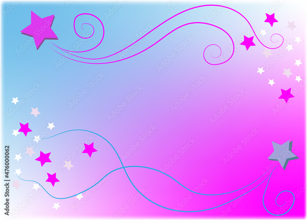 Delicate background in blue and pink tones with stars and curlicues