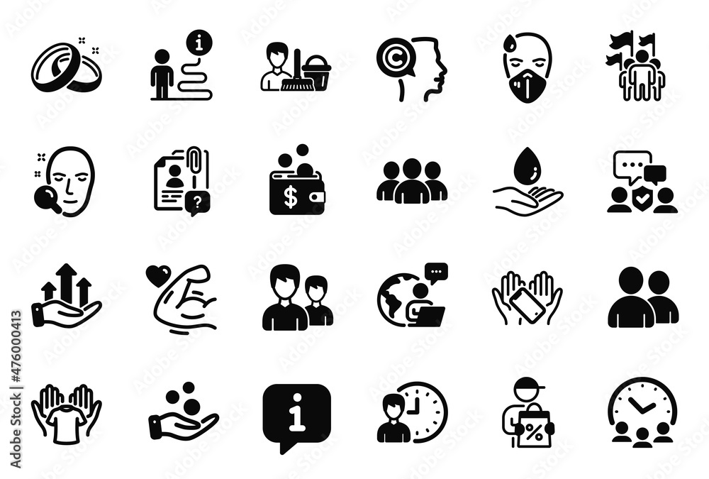 Vector Set of People icons related to Meeting time, Working hours and Hold t-shirt icons. Water care, Face search and Leadership signs. Growth chart, Donation money and Wedding rings. Vector Vector Set of People icons related to Meeting time, Working hours and Hold t-shirt icons. Water care, Face search and Leadership signs. Growth chart, Donation money and Wedding rings. Vector