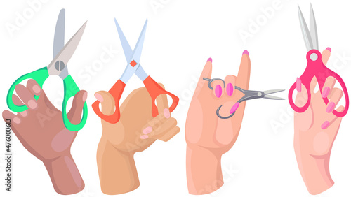 Various shapes scissors set. Tool made of blades and handles to cut. Equipment for creativity, cutting. Iron scissors with colorful handles isolated on white. Sharp cutting tool in human hands
